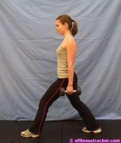 4. DUMBBELL LUNGE Stand with one leg forward, with front knee directly over ankle, and knees slightly bent with feet approximately hip width apart.
