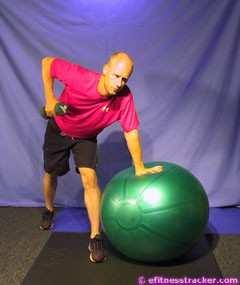 5. BALL DUMBBELL LAT ROW Primary Muscle Group: Mid back Muscle Groups Worked in This Exercise: Deltoideus, Brachialis and Trapezius Preparation: Begin in a standing position.