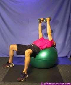 6. BALL DUMBBELL CHEST FLYS Primary Muscle Group: Chest, abs, thighs.