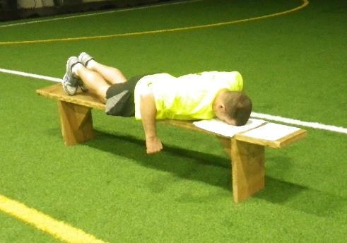 Prone on Bench W (1 minute) Elbows tight to sides, forearms out to form W Keep gaze down (NOT like picture!