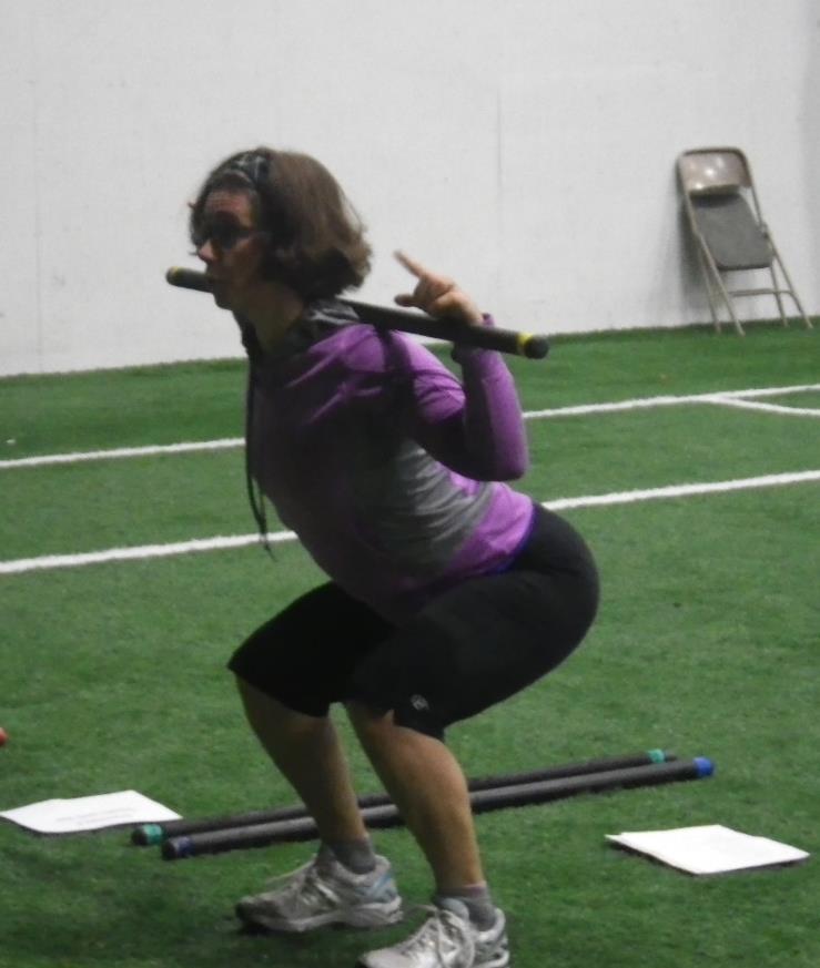 Squats with Bar Knees and feet hip distance apart Hold bar across top of shoulder blades, squeeze shoulder blades together and hold Lower into squat position, think sit down on a chair Keep spine in