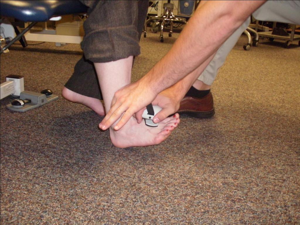 Dorsiflexion Alternate Position Patient Position: Seated with hips and knees at 90º flexion; lower leg vertical to floor with only heel touching the ground Clinician Position: