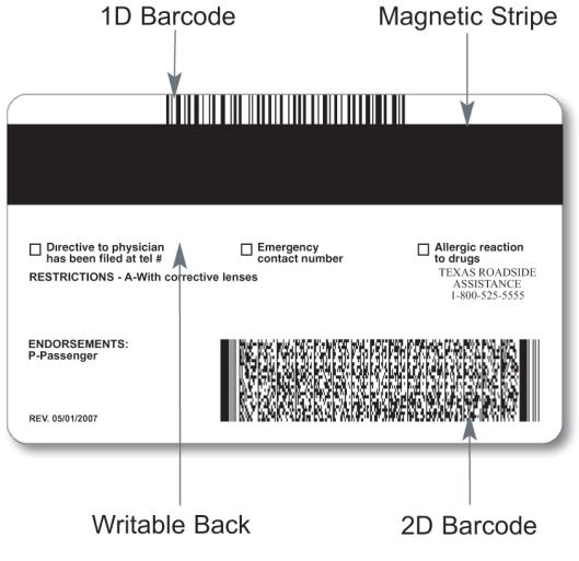 Back of Driver s License Back of Card Features: 1D Barcode at the top 2D Barcode at the lower right Magnetic stripe Restrictions and