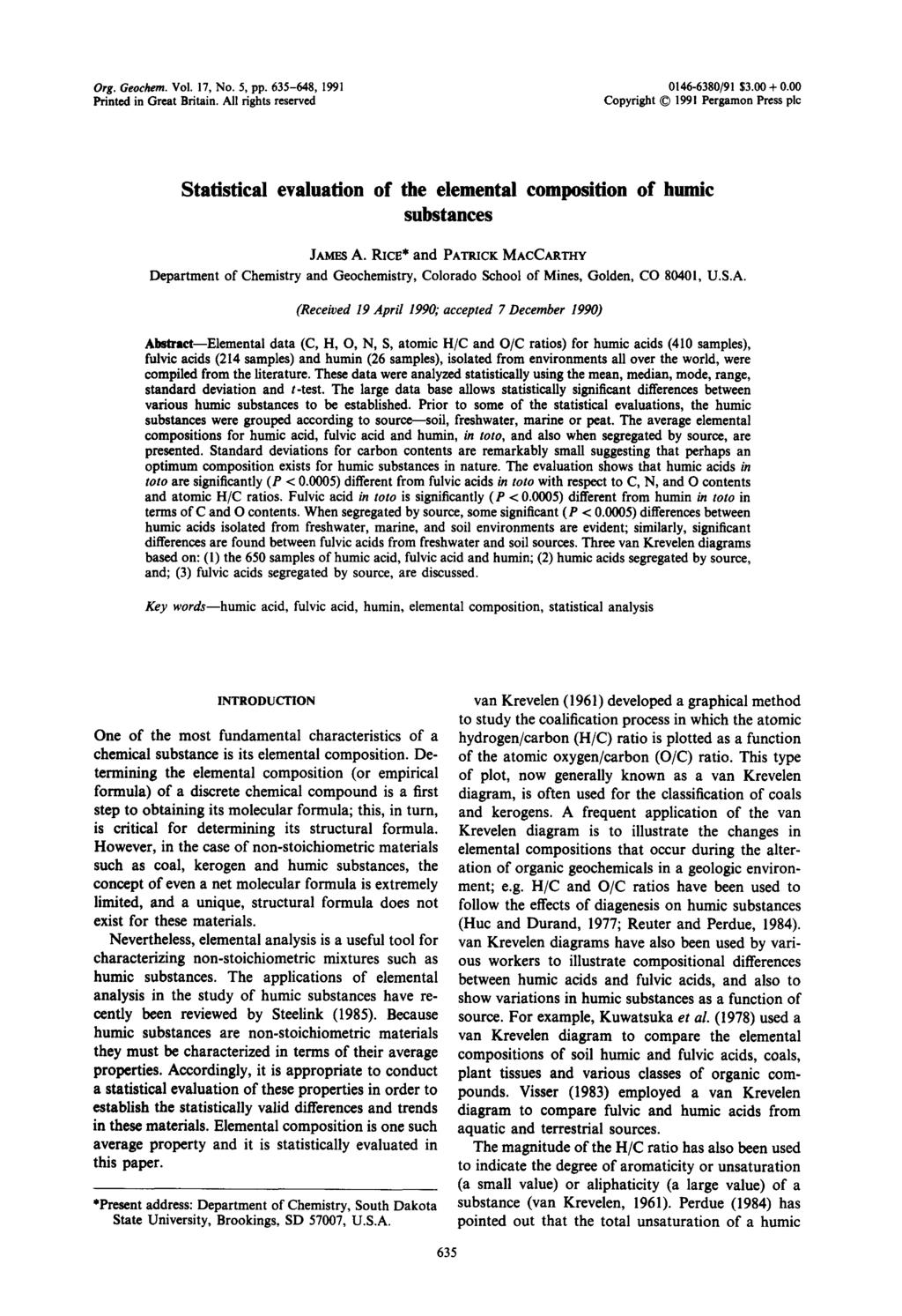 Org. Gechem. Vl. 17, N. 5, pp. 635-648, 1991 0146-6380/91 $3.00 + 0.00 Printed in Great Britain.