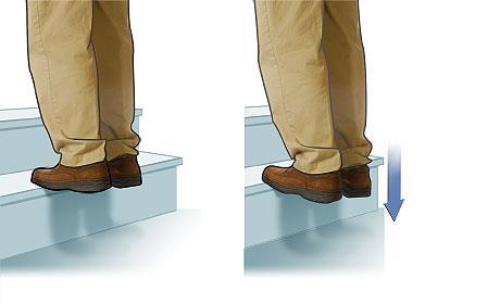 Stand about 40 cm away from a wall and put both hands on the wall at shoulder height, feet slightly apart, with one foot in front of the other.
