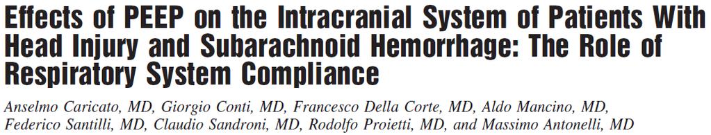 PEEP & cerebral hemodynamics: role of lung compliance 21 pts with SAH or TBI: 13 with normal
