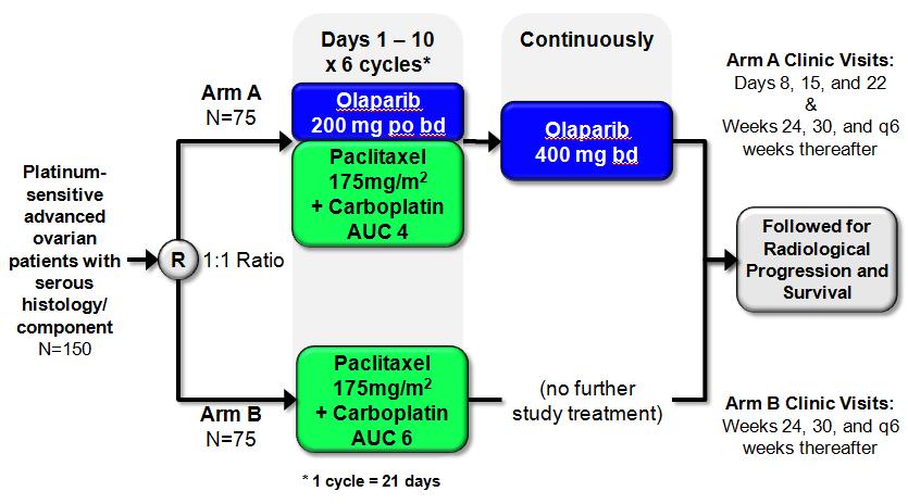 4.1 Study 41 Study 41 was an open label randomized study testing the benefit of olaparib (200 mg bd days 1-10 of a 21-day chemotherapy cycle) in combination with paclitaxel and a reduced dose of