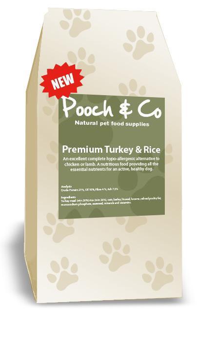 PREMIUM TURKEY & RICE for the adult dog Pooch & Co Premium adult Turkey & Rice has been specially formulated to meet the nutritional needs of a normally active adult dog.