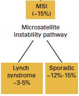15% of CRCs are MMR-d (MSI) More commonly, MMR-d is sporadic & is due to hypermethylation of MLH1 gene promoter. Sporadic tumors often carry the BRAF V600E somatic mutation.