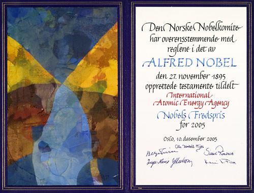 The Norwegian Nobel Committee has decided that the Nobel Peace Prize for 2005 is to be shared, in two equal parts, between