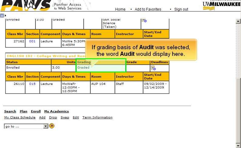 Slide 61 Slide 62 Text Captions: If grading basis of Audit was selected, the word Audit would display here.