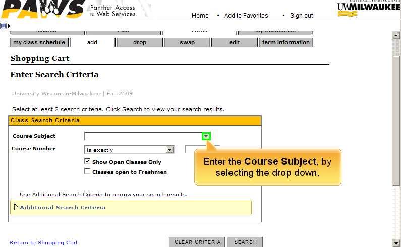 Slide 17 Text Captions: The Class Search Criteria page appears.