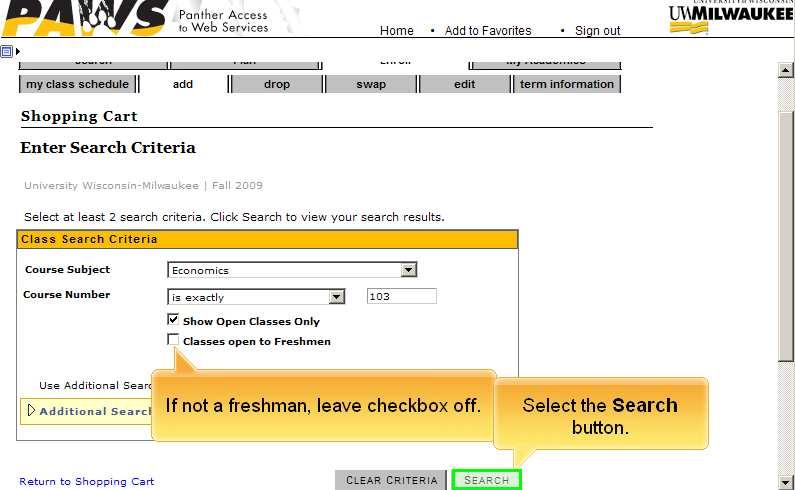 Slide 25 Text Captions: If you are a freshman, turn the Classes open to Freshmen check box on.
