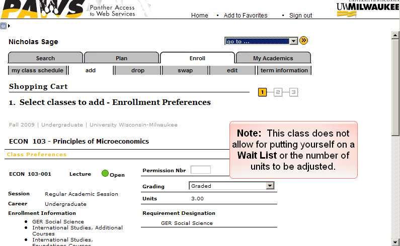 Slide 33 Text Captions: Note: This class does not allow for putting yourself on a Wait List or the number of units to be adjusted.