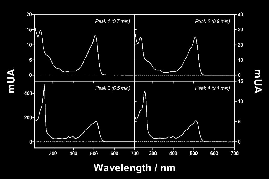 Figure S1. Liquid chromatography of SOSG at (A) 254 nm, (B) 355 nm and (C) 532 nm. Peaks 3 and 4 account for more than 99.