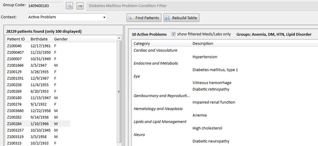 Analytics 50 year old male patient on query for Diabetes Mellitus found to also qualify for Anemia, Hypertension and Lipid Disorder Reporting Groupers based on group