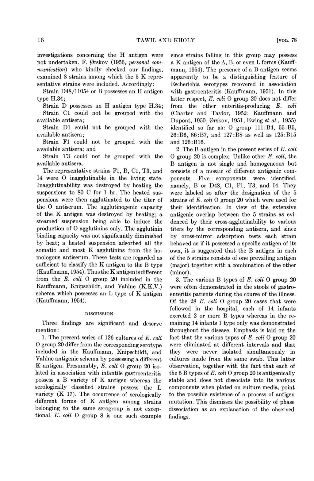 16 TAWIL AND KHOLY [VOL. 78 investigations concerning the H antigen were not undertaken. F.