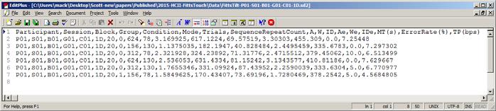 FittsTouch-P01-S01-B01-G01-C01-1D.sd2 The data above are full-precision, comma-delimited. Here are the data in Excel: Click here to see all the data from this experiment collected together in Excel.
