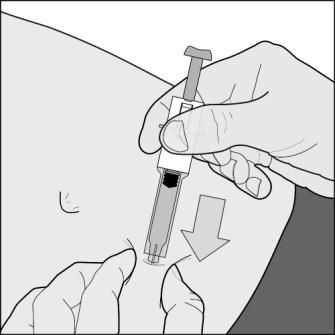 7. Hold the syringe firmly by the finger grip. Insert the full length of the needle at right angles into the skin fold (picture D). Picture D 8.