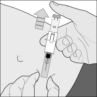 Release the plunger and the needle will automatically withdraw from the skin and go back into the security sleeve where it will be locked permanently (picture F).
