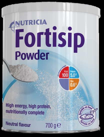10g protein (20%E) per standard serve of 45.6g of Neutral. 1.2g Fibre per standard serve of 45.6g of Fortisip Powder Neutral.