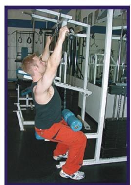 Lat pull downs (wide grip) Description Start with your hands on the bar slightly wider than shoulder-width, arms straight and palms facing forward.