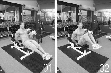 Seated Crunch-Leg Pull-In Sit on a flat bench and raise your legs. Lean slightly back so that the abs are contracted.