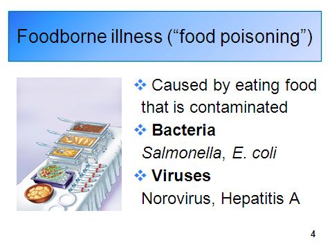 Trainer: Go to slide 4. 1. Why food safety is important when providing meals to older adults a. What is foodborne illness?