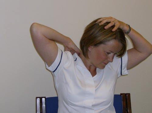 Stretch Zone Stretches for the Cervical Spine: Levator Scapulae Start position: Sitting upright with your back supported in a chair. Position your head so it is evenly balanced, looking forward.