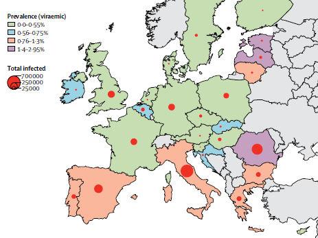 Distributia infectiei HCV in EU: Prevalenta viremica estimata si numarul total al persoanelor infectate/tara/2015 The Europea U io HCV Colla orators* Ho ie Razavi.Lia a Gheorghe, Adria Goldis, et al.