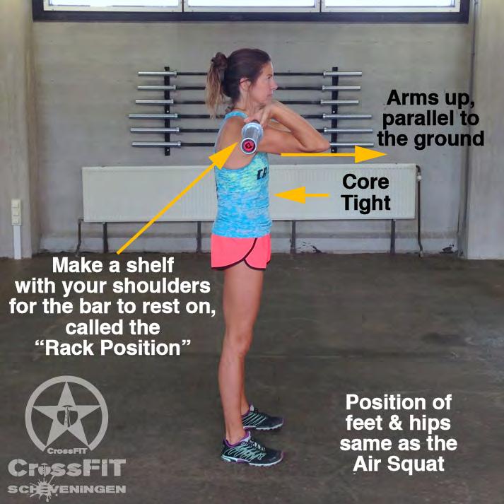 1.2 Front Squat SETUP: Stance = Shoulder width apart Toes point out between 5 12 degrees Full extension at hips and knees Bar in front rack position, resting on your shoulders with loose grip outside