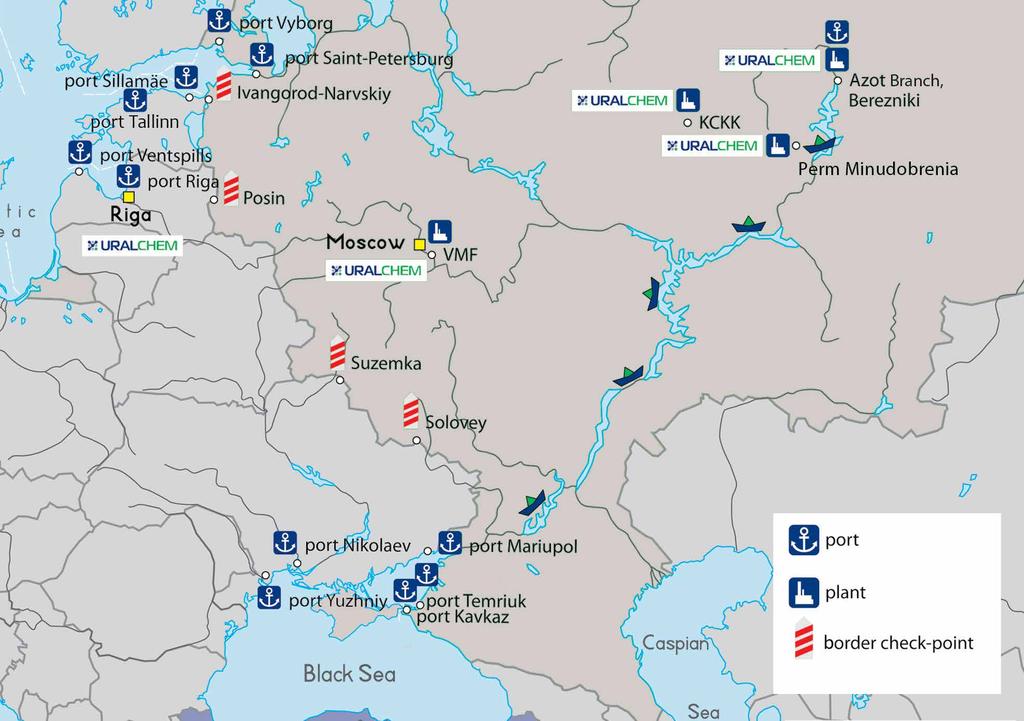 Distance to port, km: Sea ports KCKK Branch, Azot Branch, VMF Minudobrenia, Kirovo-Chepetsk Berezniki Perm Saint-Petersburg 1 287 1 993 1 143 1 988 Vyborg 1 411 2 117 1 267 2 112 Riga 1 850 2 556 1