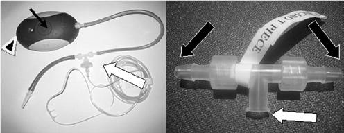 L Makarie Rofail, KKH Wong, G Unger et al Figure 1 The Flow Wizard Nasal Airflow Pressure Transducer in laboratory set up A B The T piece is shown in detail (B), the central port is attached to nasal