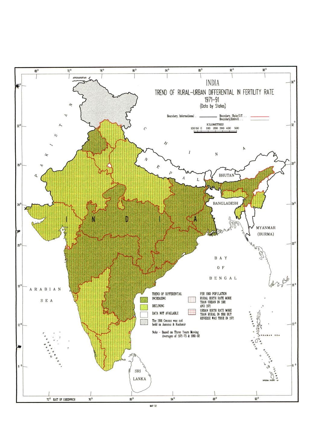 68 72 76 9E 96 INDIA TREND OF RURAL-URBAN DIFFERENTIAL IN FERTILITY RATE 1971-91 (Data by States) Boundary, Inlernational.