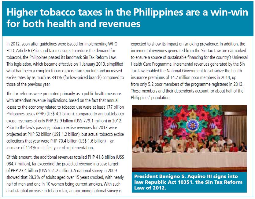 countries It is estimated that governments collected around US$ 269 billion in tobacco excise revenues in 2013-2014, but increased taxes can