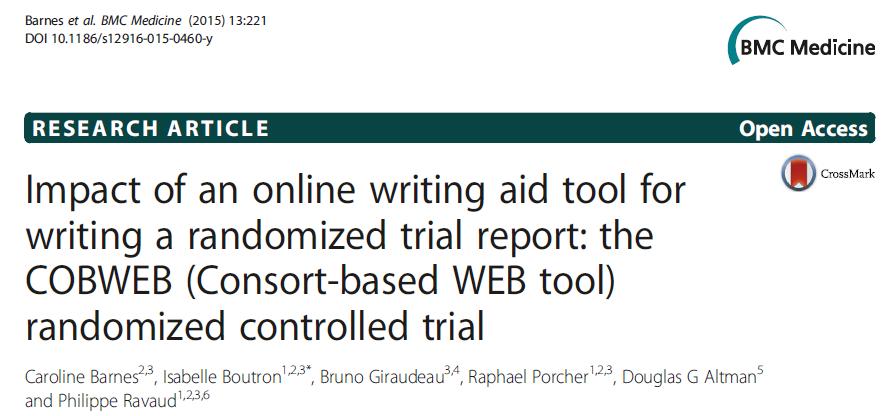 Aim was to evaluate the impact of a writing aid tool (WAT) based on the CONSORT statement and its extension for non-pharmacologic treatments on the completeness of reporting