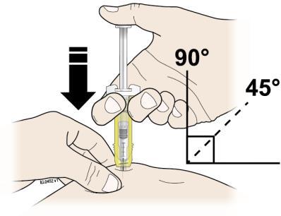 Important: Keep skin pinched while injecting. J Hold the pinch. Insert the needle into the skin at 45 to 90 degrees.