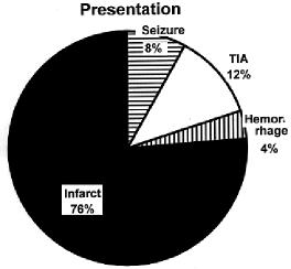 Fig. 2. Pie chart depicting breakdown of presenting symptoms, which indicates that patients generally present with ischemic complications. Of the total population, 14 patients (46%) underwent surgery.
