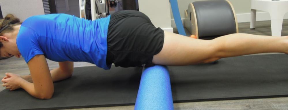 4. Quadriceps Body position: Facing toward the ground (prone position), place your hands underneath your shoulders. The leg on the foam roller will be straight.
