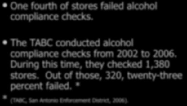 TABC Compliance Checks One fourth of stores failed alcohol compliance checks. The TABC conducted alcohol compliance checks from 2002 to 2006.