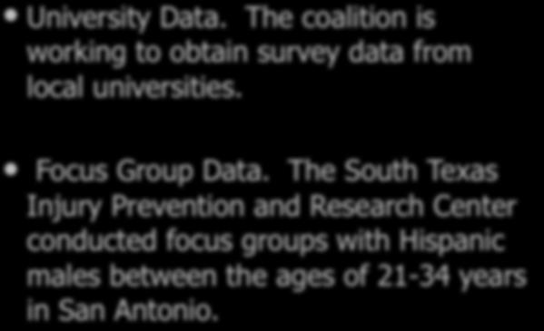 Behavior Perceived University Data. The coalition is working to obtain survey data from local universities. Focus Group Data.