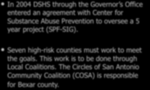 SPF History In 2004 DSHS through the Governor s Office entered an agreement with Center for Substance Abuse Prevention to oversee a 5 year project (SPF-SIG).