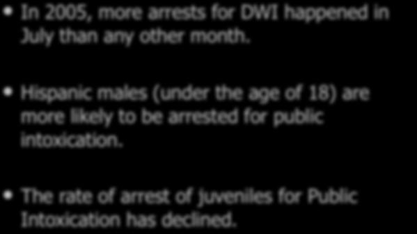 Enforcement In 2005, more arrests for DWI happened in July than any other month.