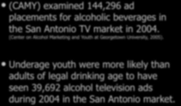 Promotion of Alcohol Use (CAMY) examined 144,296 ad placements for alcoholic beverages in the San Antonio TV market in 2004.