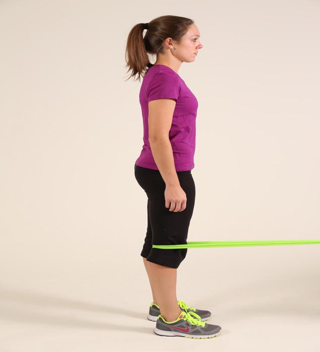 28 Standing knee extension with theraband Tie an elastic resistance band or theraband to a table leg or object that will not move.