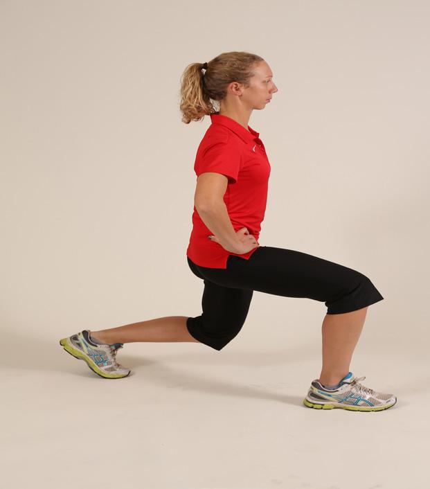 48 Split squats/lunges Start in a standing position. Place your hands on your hips for this exercise to keep hips level and in line. NOTE: Only lunge as far as is comfortable.