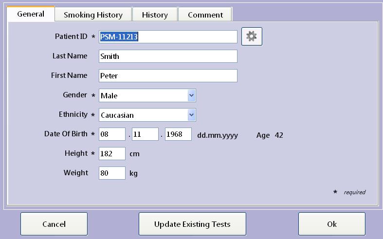 Performing a Test 3.12 Editing Patient Daa Note Changes to the patient data will only affect future measurements. Stored tests will not be affected. Click Select Patient on the initial screen.