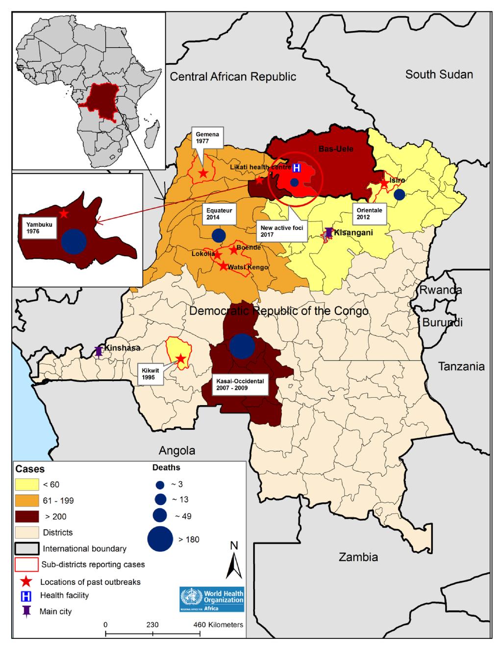 Figure 2. Geographical distribution of the previous Ebola outbreaks in the Democratic Republic of the Congo: 1976 2017.