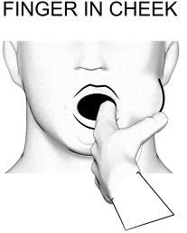 FINGER IN CHEEK 1. Open your mouth, place your first finger (next to your thumb) inside your cheek. 2. Push your finger so that your cheek moves outward. 3.