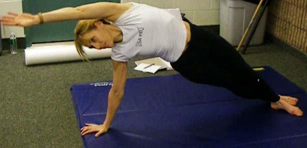 Begin on side, supported by extended lower arm, upper arm resting on side.